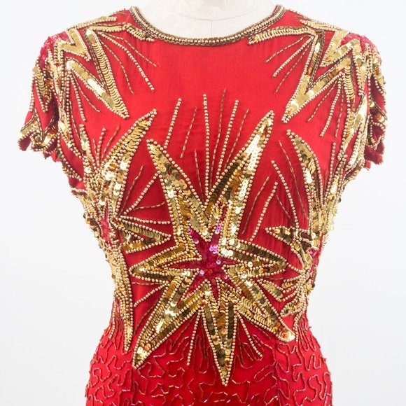 Vintage 80s 90s S/M July 4th Fireworks Silk Party Beaded Dress Holiday Stars - Picture 2 of 16